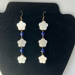 Handmade 4 inch Lei flower and blue crystal bead drop earrings